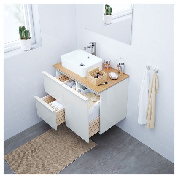 Шкаф с раковиной 45x32 см ГОДМОРГОН/ТОЛКЕН / ХОРВИК, глянцевый белый, бамбук (82x49x72 см) - фото 2