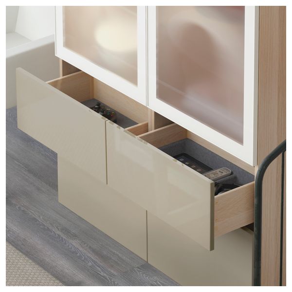 Комбинация для хранения со стеклянными дверцами БЕСТО, под беленый дуб, Сельсвикен глянцевый/бежевый матовое стекло (120x40x192 - схема-чертеж с размерами