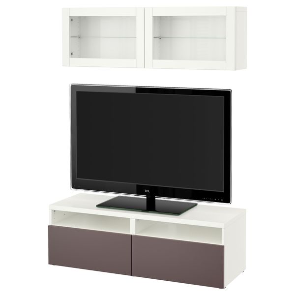 Шкаф для ТВ, комбинированный, стекляные дверцы БЕСТО, белый, Вальвикен темно-коричневый, прозрачное стекло (120x20/40x166 см) - фото 1