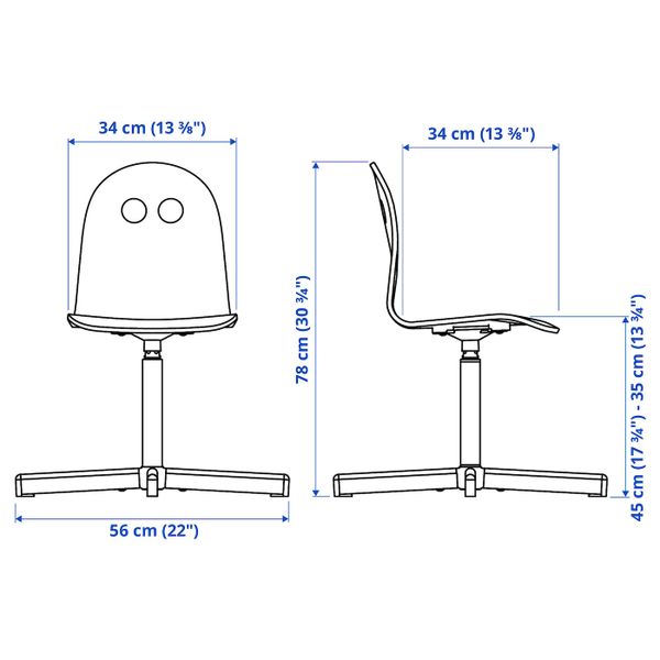 Детский стул для письменного стола, береза/белый IKEA VALFRED ВАЛЬФРЕД / SIBBEN СИББЕН 193.377.90 - схема-чертеж с размерами