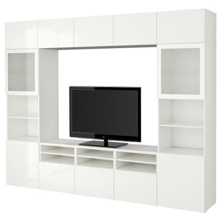 Шкаф для ТВ, комбинированный, стекляные дверцы БЕСТО, белый, Сельсвикен глянцевый/белый матовое стекло (300x40x230 см)