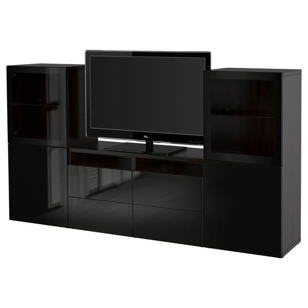 Шкаф для ТВ, комбинированный, стекляные дверцы БЕСТО, черно-коричневый, Сельсвикен глянцевый/черный прозрачное стекло - фото 1