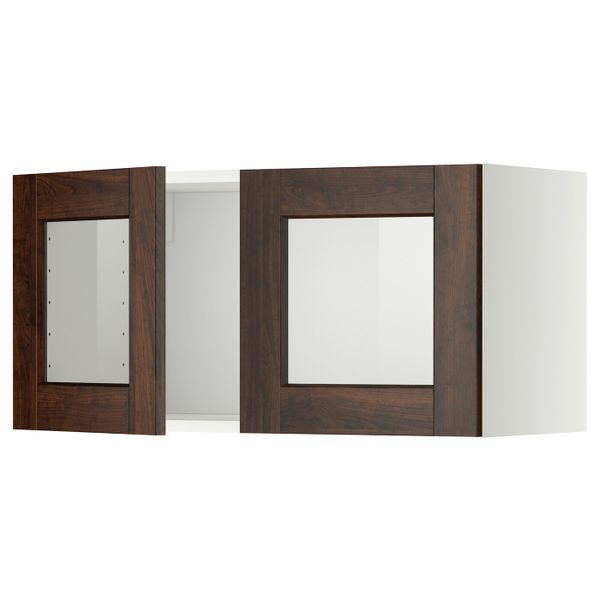 Навесной шкаф с 2 стеклянная дверями, белый/Эдсерум коричневый 80x40 см IKEA METOD МЕТОД 892.265.95 - фото 1