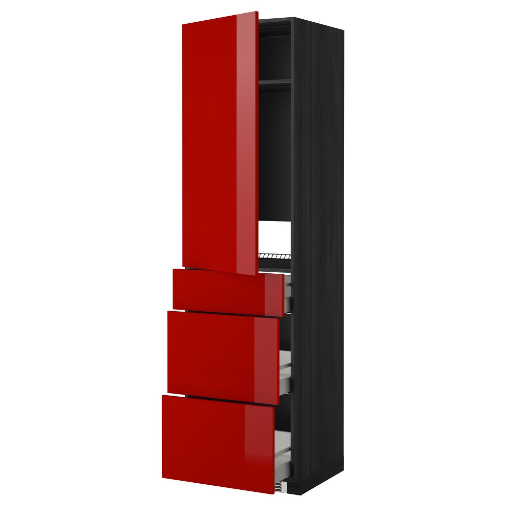 Высокий шкаф для холодильника, с дверцами, 3 ящика МЕТОД / МАКСИМЕРА, черный, Рингульт красный (60x60x220 см) - схема-чертеж с размерами