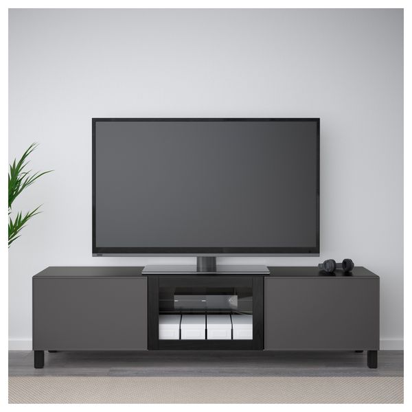 Тумба под ТВ с ящиками и дверцей БЕСТО, черно-коричневый Грундсвикен, темно-серый прозрачное стекло (180x40x48 см) - фото 3