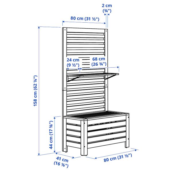 Садовая скамья + панель/полки, коричневая морилка 80x44x158 см IKEA ÄPPLARÖ ЭПЛАРО 992.288.72 - схема-чертеж с размерами