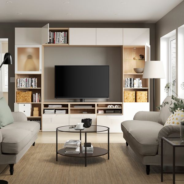 Шкаф для ТВ, комбинированный, стекляные дверцы, под беленый дуб/Сельсвикен глянцевый, белый матовое стекло 300x42x231 см IKEA - фото 2