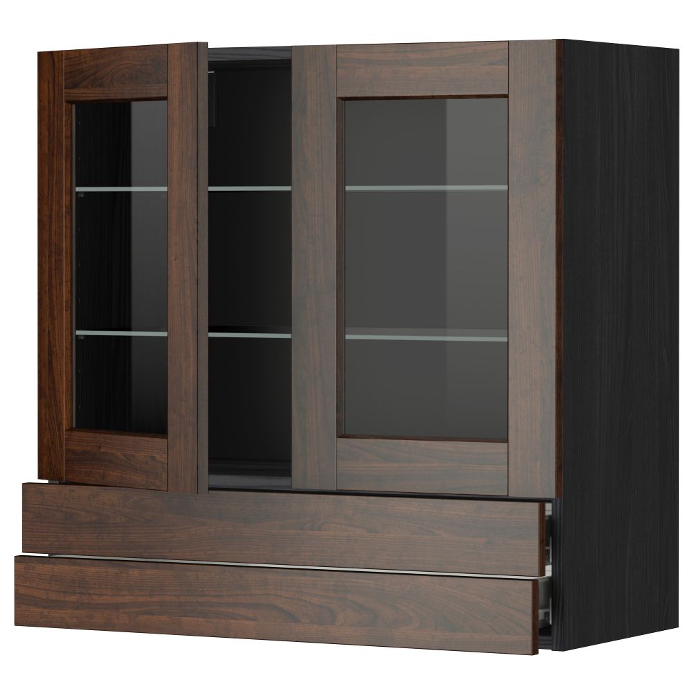 Навесной шкаф, 2 стеклянные дверцы, 2 ящика МЕТОД / ФОРВАРА, черный, Эдсерум коричневый - фото 1