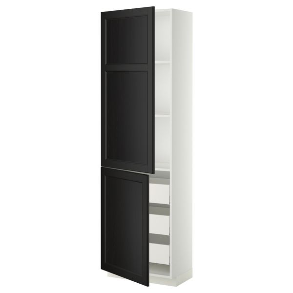 Высокий шкаф + полки, 3 ящика, 2 дверцы МЕТОД / МАКСИМЕРА, белый, Лаксарби черно-коричневый - фото 1