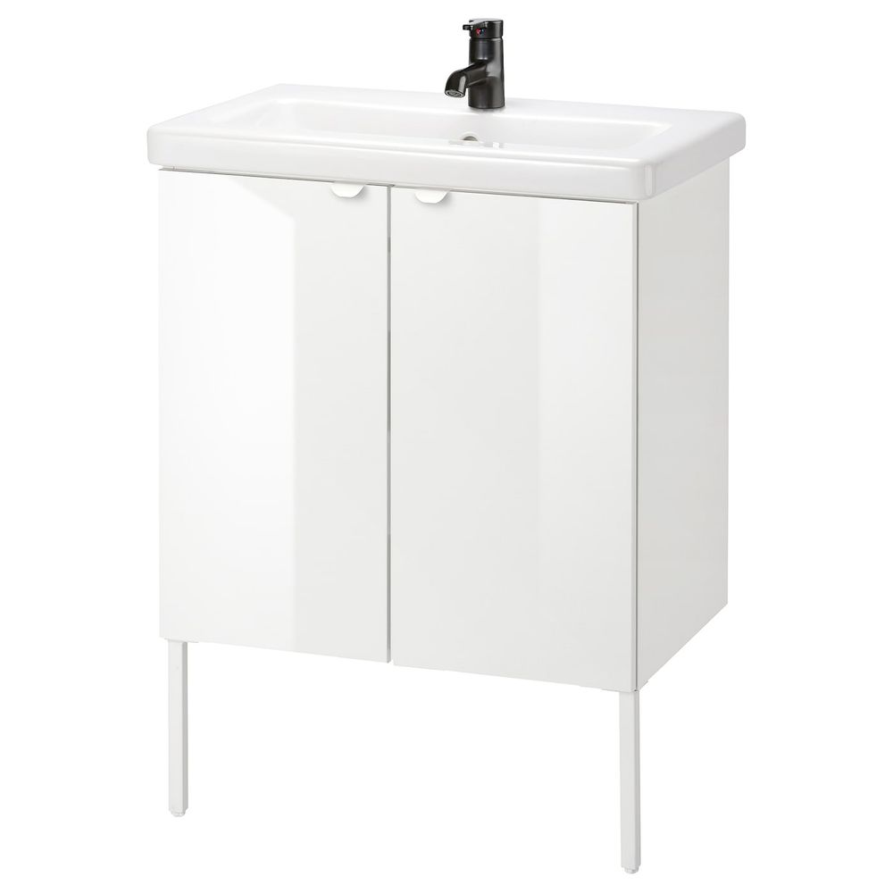 Шкаф под раковину с 2 дверец, глянцевый белый/Сальен смеситель 64x43x88 см IKEA FISKÅN ФИСКОН / TVÄLLEN ТВЭЛЛЕН 194.304.39 - фото 1