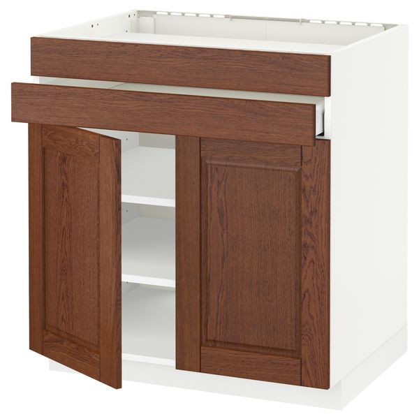 Напольный шкаф для варочной панели, 2 ящика, 2 фасада, 1 ящик МЕТОД / МАКСИМЕРА, белый, Филипстад коричневый (80x60 см) - схема-чертеж с размерами