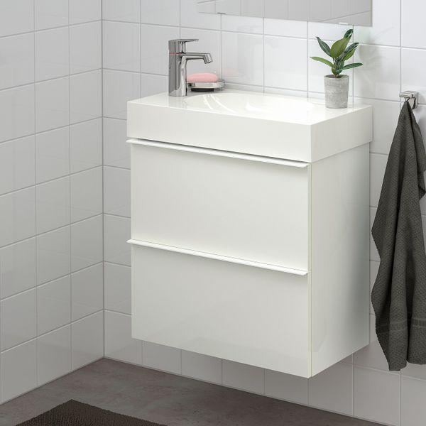 Шкаф для раковины с 2 ящ, глянцевый белый, БРОГРУНД смеситель, 62x33x68 см IKEA ГОДМОРГОН / БРОВИКЕН 892.923.16 - фото 2