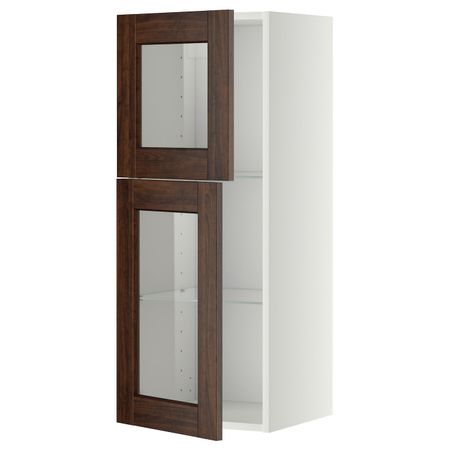 Навесной шкаф/полки/2стеклян двери, белый/Эдсерум коричневый 40x100 см IKEA METOD МЕТОД 594.468.53