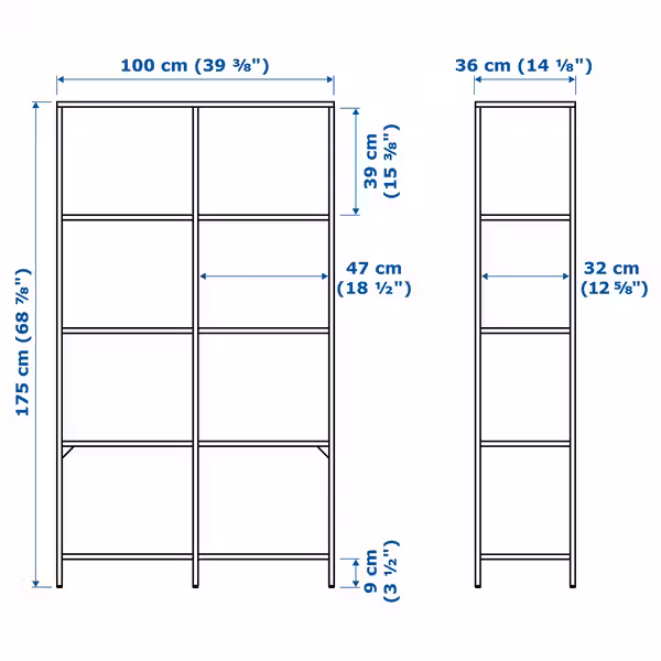 VITTSJÖ Стеллаж - черно-коричневый/стекло 100x175 см - схема-чертеж с размерами