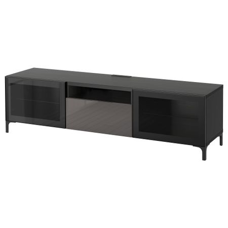 Тумба под ТВ БЕСТО, черно-коричневый, Сельсвикен глянцевый/серый прозрачное стекло (180x40x48 см)