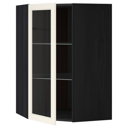 Угловой навесной шкаф с полками, стекляными дверцами МЕТОД, черный, Хитарп белый с оттенком