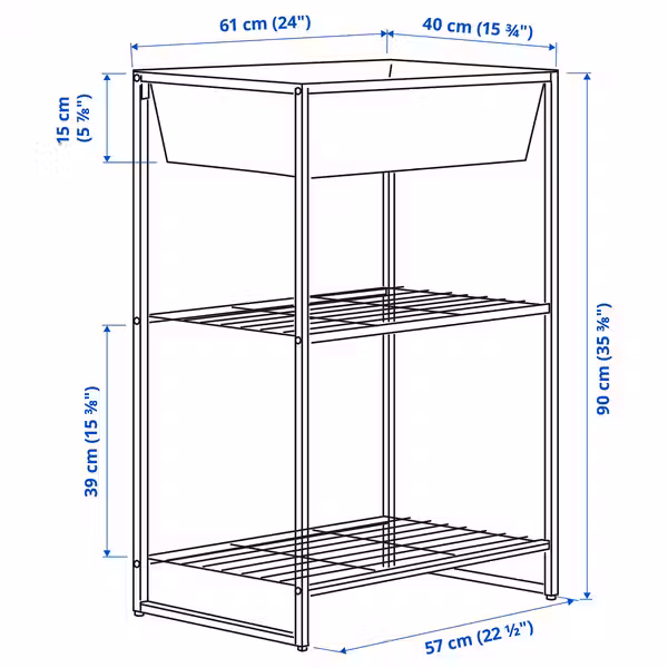 JOSTEIN Стеллаж с контейнером - д/дома/улицы/проволочный белый 61x40x90 см - схема-чертеж с размерами