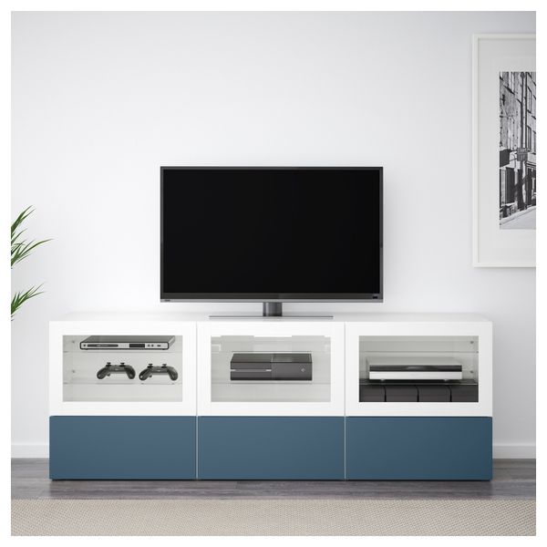 Тумба под ТВ, с дверцами и ящиками БЕСТО, белый Вальвикен, темно-синий прозрачное стекло (180x40x64 см) - фото 2
