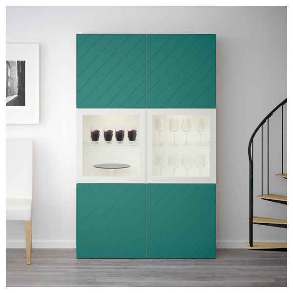 Комбинация для хранения со стеклянными дверцами БЕСТО, белый Халлставик, сине-зеленый прозрачное стекло (120x40x192 см) - фото 2