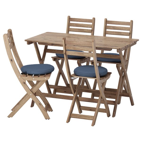 Стол + 4 складных стула, для/сада, серо-коричневая морилка/ФРЁСЁН/ДУВХОЛЬМЕН синий IKEA АСКХОЛЬМЕН 392.690.02 - фото 1