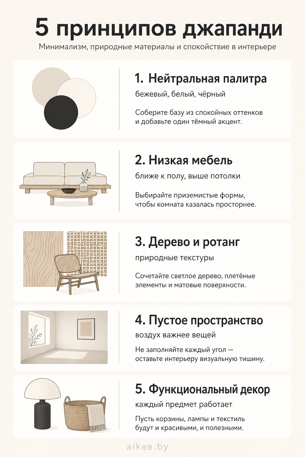 Инфографика: 5 принципов джапанди — палитра, мебель, текстуры, пространство, декор