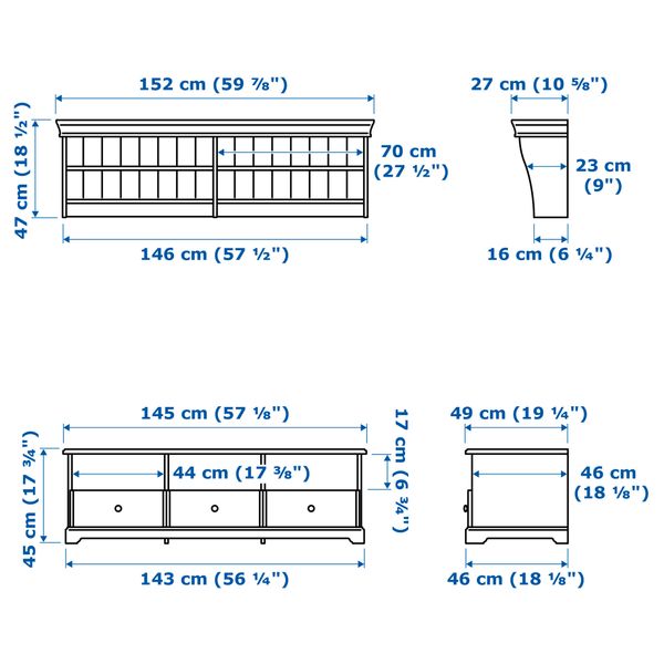 Шкаф для ТВ, комбинация, 145x49 см, белый IKEA LIATORP ЛИАТОРП 090.287.59 - схема-чертеж с размерами