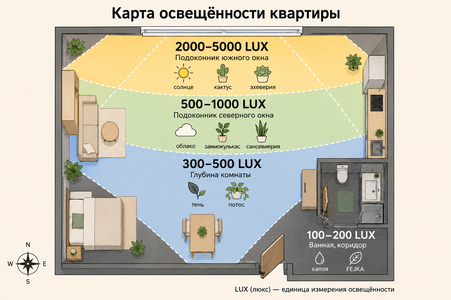 Инфографика LUX: сколько света нужно растениям в разных зонах квартиры