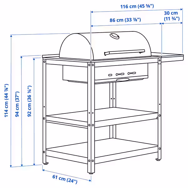 Угольный гриль со столиком IKEA в интерьере - схема-чертеж с размерами