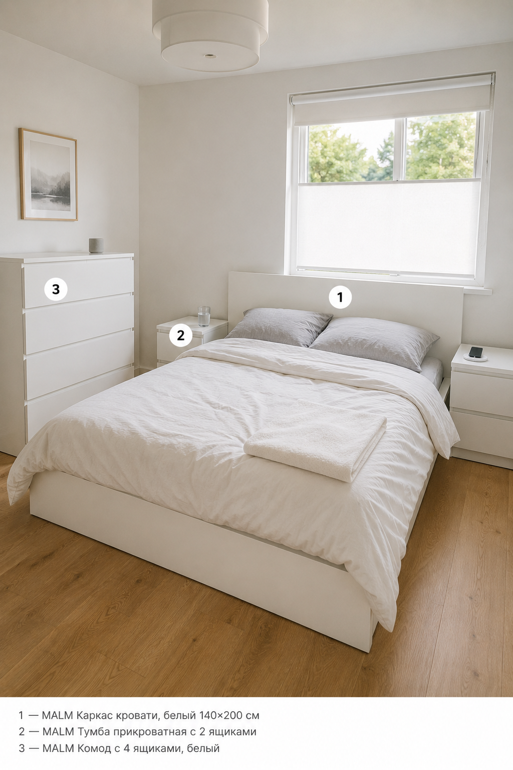 Белый комплект мебели IKEA MALM для спальни: кровать, две прикроватные тумбочки и комод, вид сверху-сбоку
