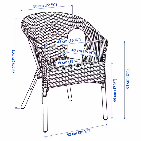 AGEN Кресло - ротанг/бамбук - схема-чертеж с размерами