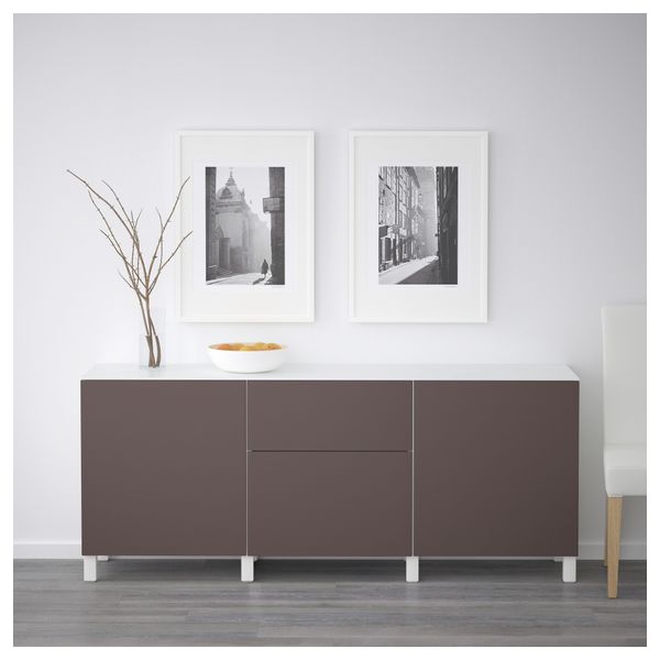 Комбинация для хранения с дверцами, ящиками БЕСТО, белый, Вальвикен темно-коричневый (180x42x74 см) - схема-чертеж с размерами