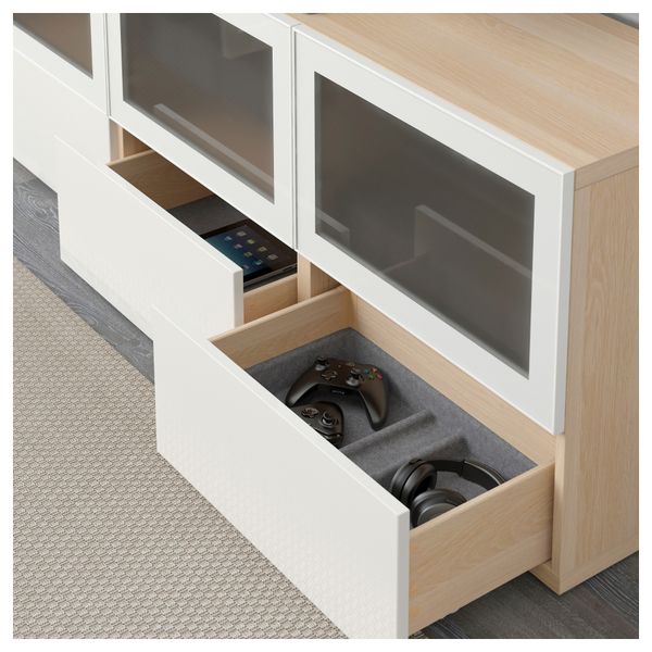 Тумба под ТВ, с дверцами и ящиками БЕСТО, под беленый дуб, Сельсвикен глянцевый/белый матовое стекло (180x40x64 см) - фото 3