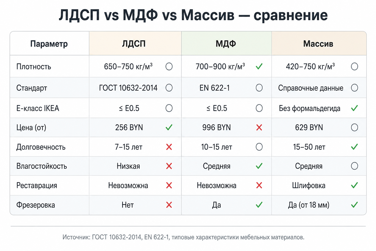 Таблица сравнения ЛДСП, МДФ и массива по 8 параметрам: плотность, ГОСТ, E-класс, цена, долговечность