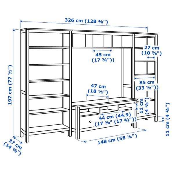 Шкаф для ТВ, комбинация, белая морилка 326x197 см IKEA HEMNES ХЕМНЭС 292.995.56 - схема-чертеж с размерами