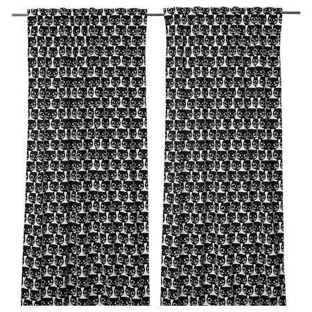 Гардины, 2 шт., белый черный/кот 145x300 см IKEA MATTRAM МАТТРАМ 305.397.01