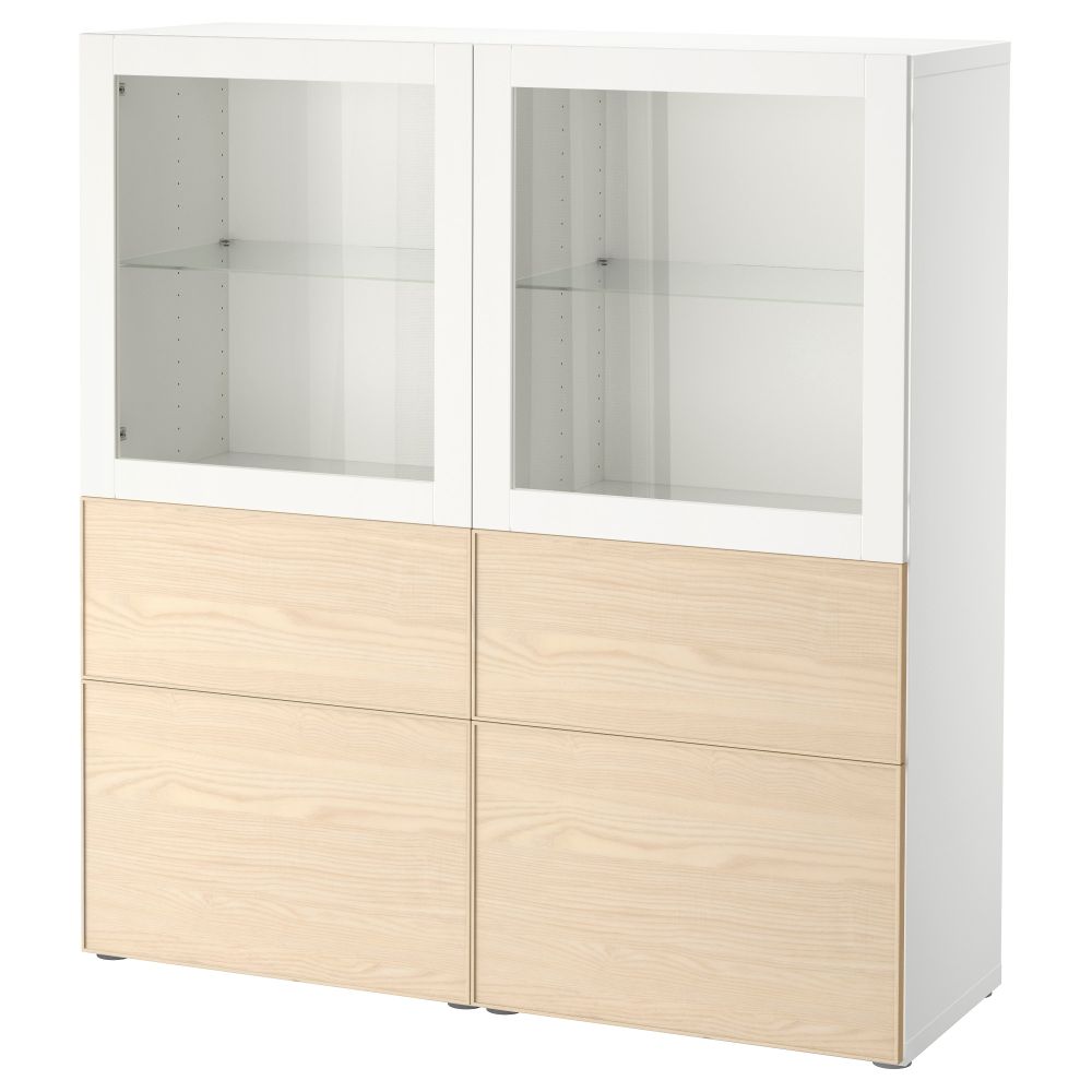 Комбинация для хранения со стеклянными дверцами БЕСТО, белый, Инвикен ясеневый шпон (120x40x128 см) - фото 1