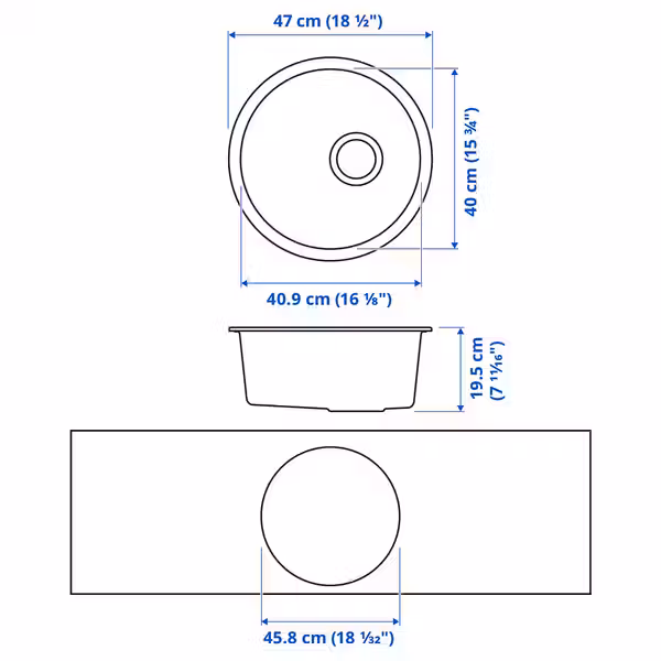 KILSVIKEN Одинарная врезная мойка - чёрный/кварцевый композит 47 см - схема-чертеж с размерами
