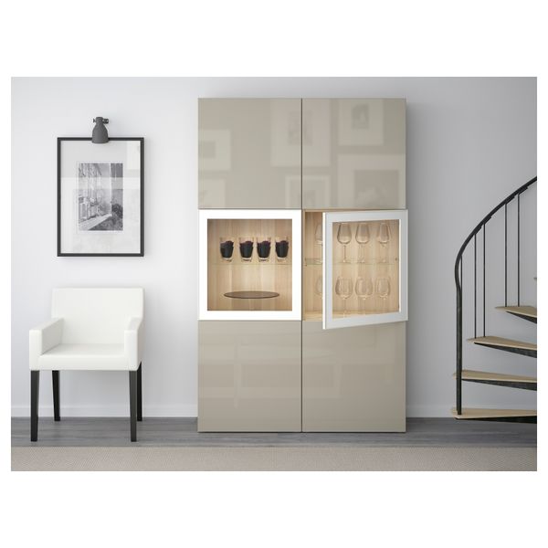 Комбинация для хранения со стеклянными дверцами БЕСТО, под беленый дуб, Сельсвикен глянцевый/бежевый прозрачное стекло - фото 2