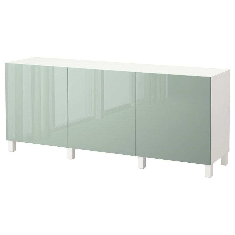 Комбинация для хранения с дверцами, белый, Сельсвикен глянцевый/серо-зеленый светлый, 180x40x74 см IKEA БЕСТО 392.467.08 - фото 1