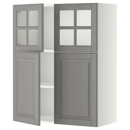 Навесной шкаф, полки, 2 двери, 2 стеклянные дверцы МЕТОД, белый, Будбин серый (80x100 см)