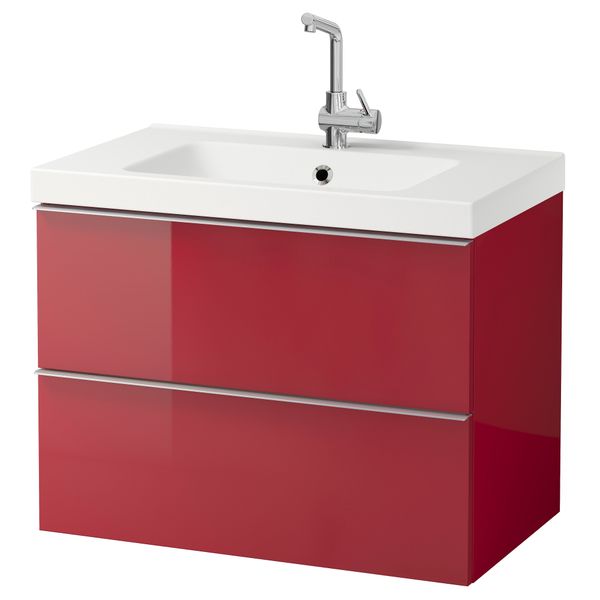 Шкаф для раковины с 2 ящиками ГОДМОРГОН / ОДЕНСВИК, глянцевый красный (80x49x64 см) - фото 2