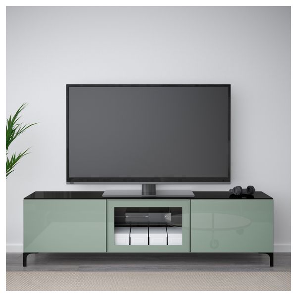 Тумба под ТВ, с дверцами БЕСТО, черно-коричневый Сельсвикен, глянцевый/серо-зеленый светлый прозрачное стекло - фото 2