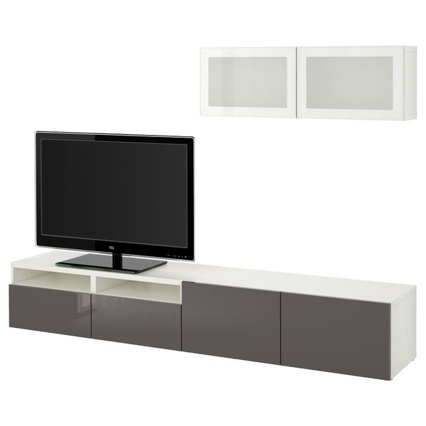 Шкаф для ТВ, комбинированный, стекляные дверцы БЕСТО, белый, Сельсвикен глянцевый/серый матовое стекло (240x20/40x166 см) - фото 1