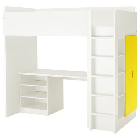 Кровать-чердак, 2 полки, 2 дверцы СТУВА, белый, желтый (207x99x193 см)