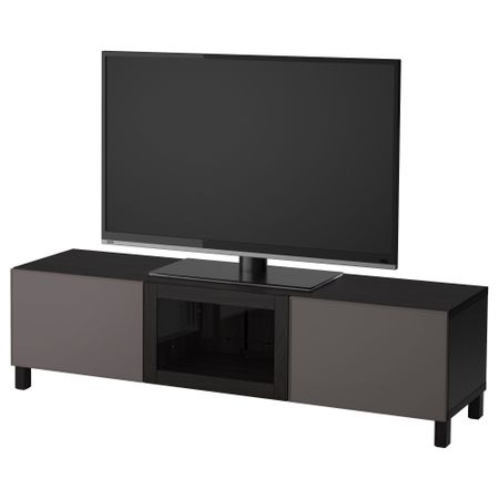 Тумба под ТВ с ящиками и дверцей БЕСТО, черно-коричневый Грундсвикен, темно-серый прозрачное стекло (180x40x48 см)