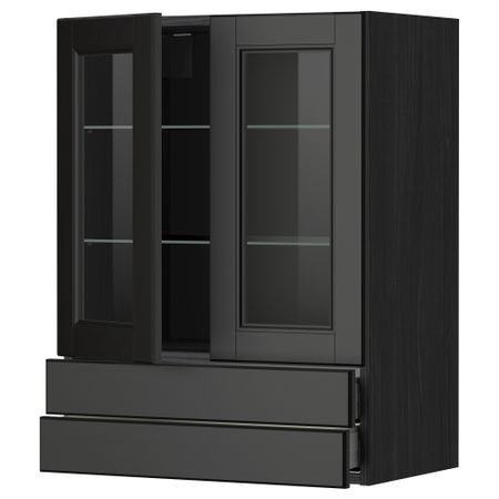 Навесной шкаф, 2 стеклянные дверцы, 2 ящика МЕТОД / МАКСИМЕРА, черный, Лаксарби черно-коричневый