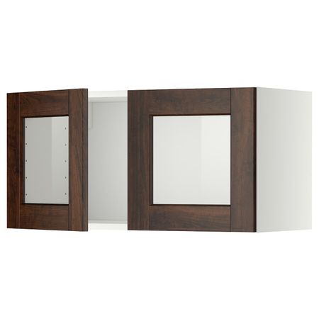 Навесной шкаф, 2 стеклянные дверцы, белый/Эдсерум коричневый 80x40 см IKEA METOD МЕТОД 894.471.44