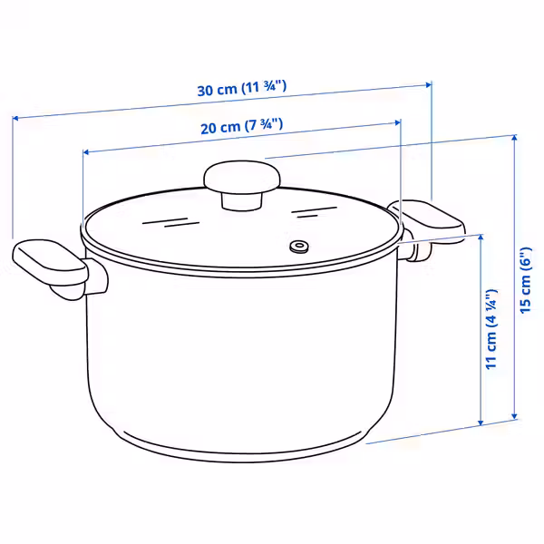 MIDDAGSMAT Кастрюля с крышкой - прозрачное стекло/нержавеющ сталь 3 л - схема-чертеж с размерами