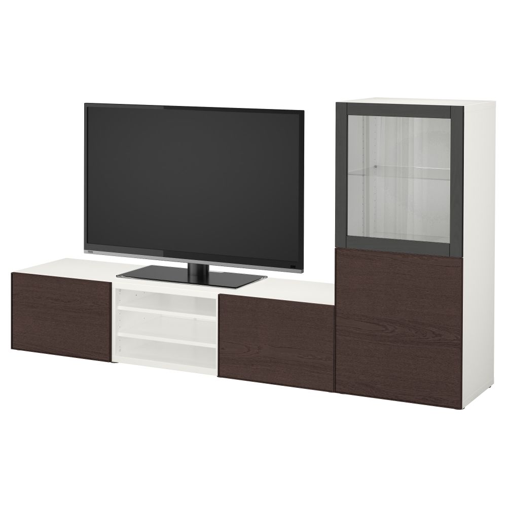 Шкаф для ТВ, комбинированный, стекляные дверцы БЕСТО, белый, Инвикен черно-коричневый прозрачное стекло (240x40x128 см) - фото 1