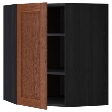Угловой навесной шкаф с полками МЕТОД, черный, Филипстад коричневый